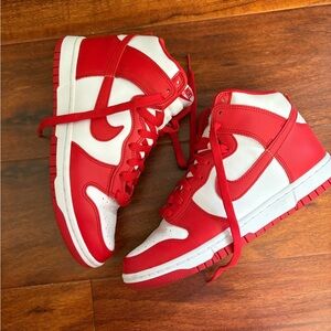 Nike menโs dunk high red and white sneakers